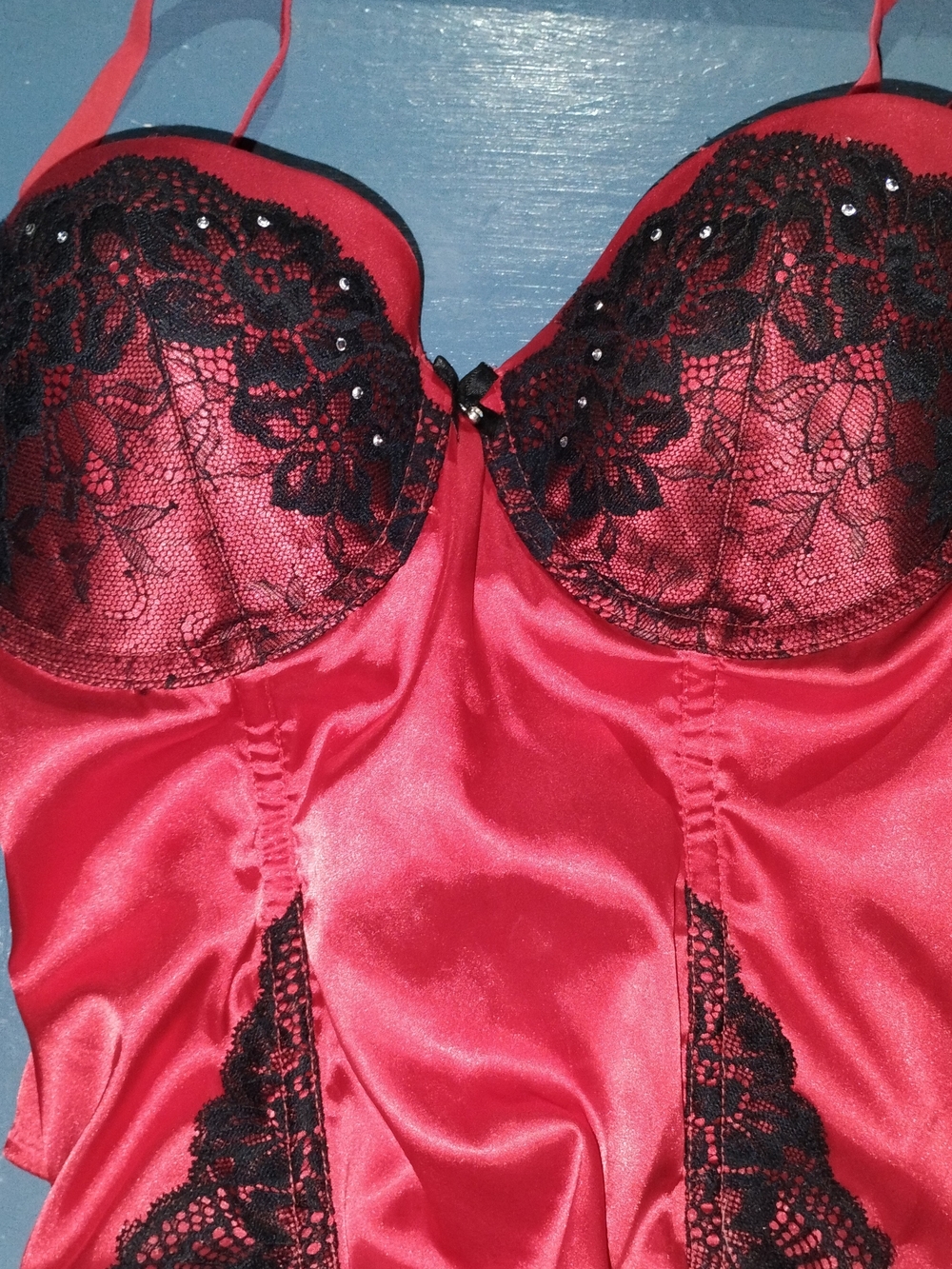 Victoria's Secret Red Satin Chemise with Black Lace Accents